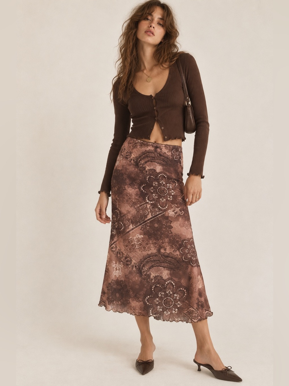 ROMWE Brown Paisley Mesh Midi Skirt S Y2K 90s Boho Whimsigoth